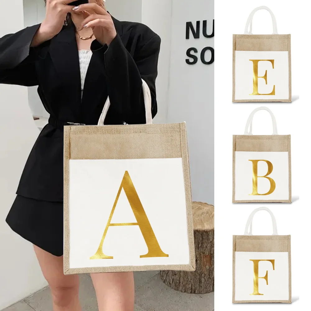 

Tote Bag Jute Portable Sacks Linen Bags Shopping Bag Letter Pattern Lightweight Beach Handbags Waterproof Grocery Storage Bags