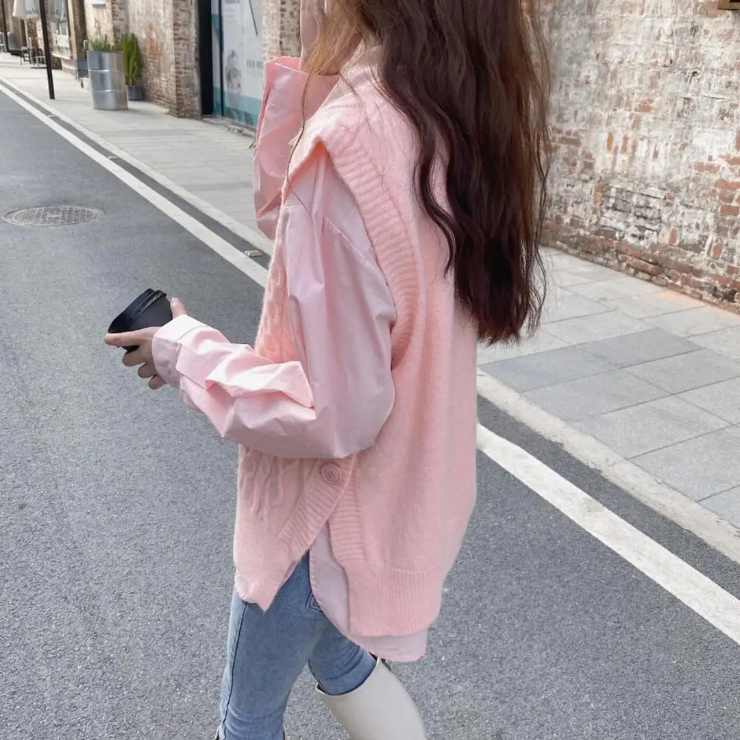 Women\'s Knitted Vest Pink V-Neck Loose Waistcoat Pullover Female Sweater New in Vintage Formal Korean Style Clothing Light Sales