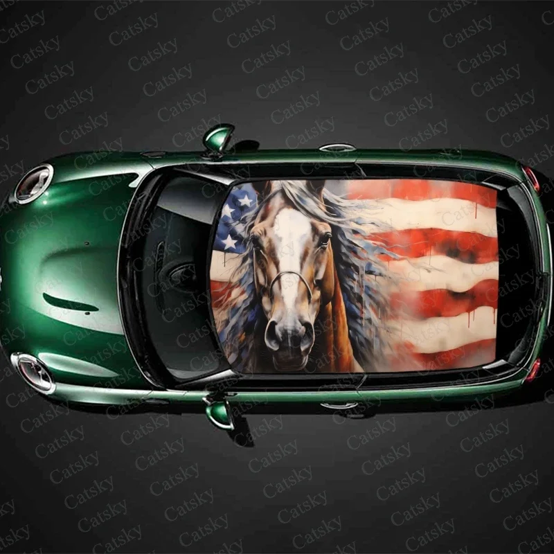 

Patriotic Horse with American Flag Car Roof Sticker Wrap Racing SUV Accessories Packaging Painted PVC Custom Car Graphic Decal