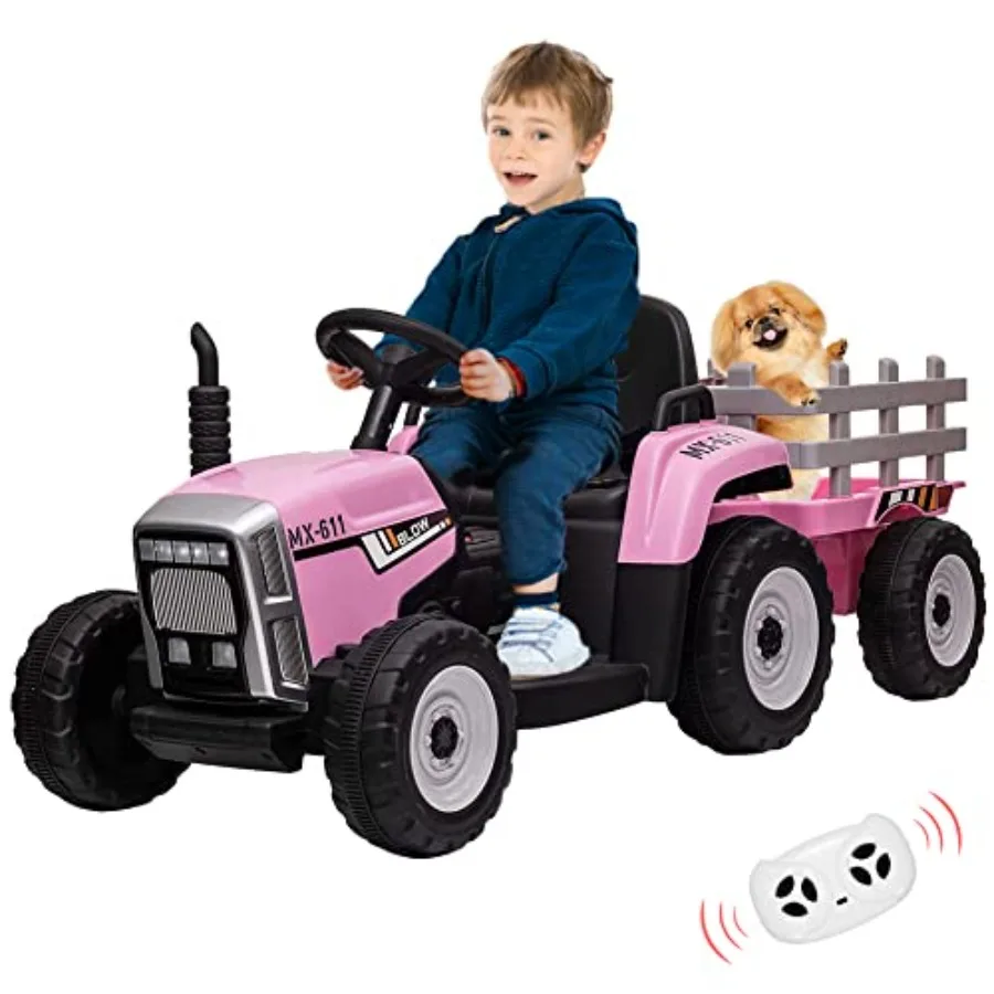 12V Ride on Tractor with Trailer and Remote ControlToddler Electric Vehicle Car with LED Headlights 2+1 Gear Shift MP3 Player U