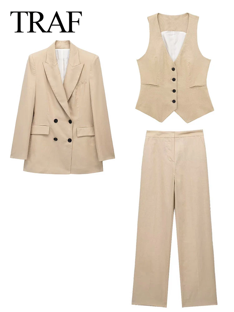 TRAF-Conjunto elegante de 3 piezas para mujer, Blazer de manga larga, pantalón holgado, chaleco de doble botonadura, trajes OL sólidos