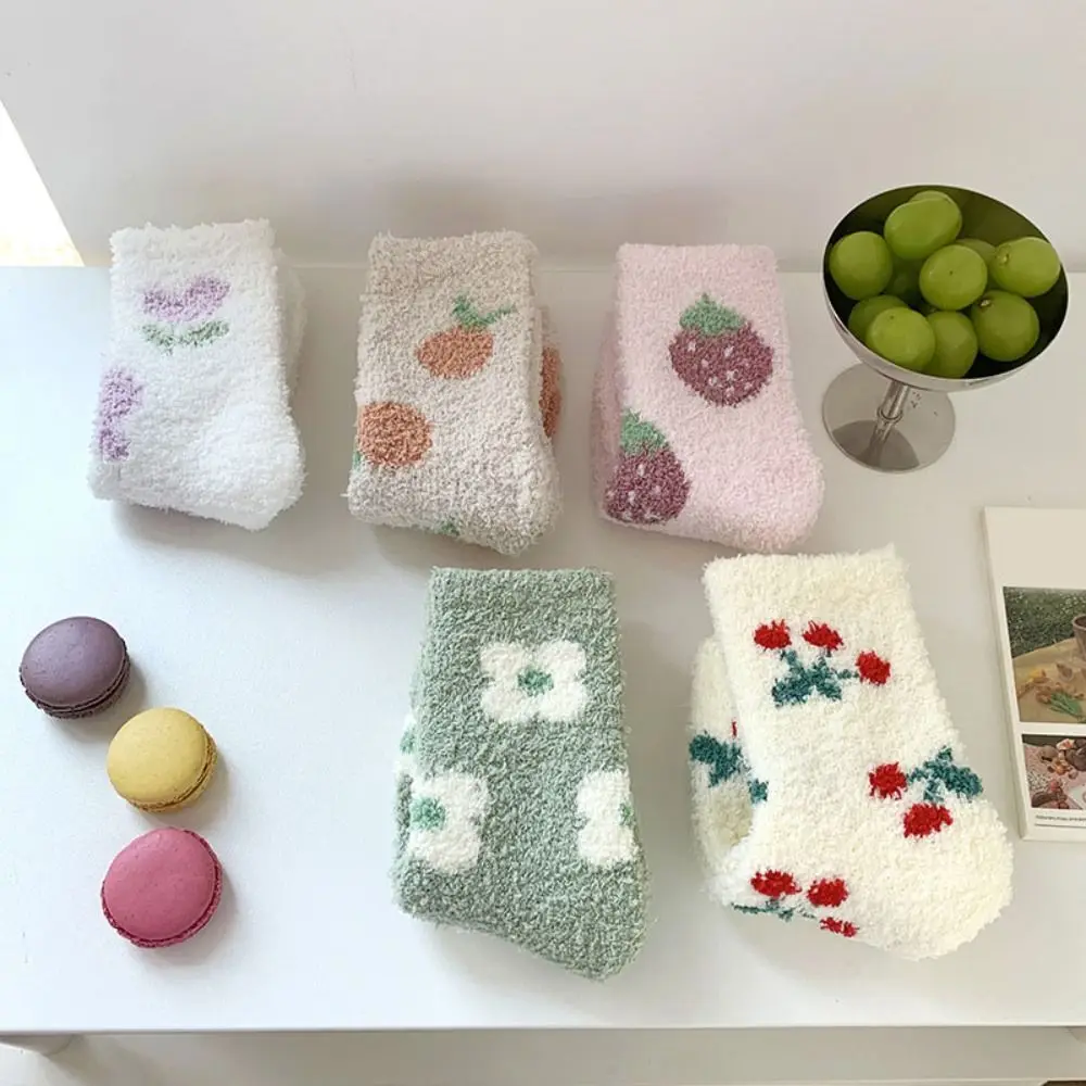 مريحة سميكة المرجان جوارب صوفية زهرة الفراولة الشتاء الطابق أفخم الجوارب الجوارب النوم الجوارب الدافئة النساء الخريف #4