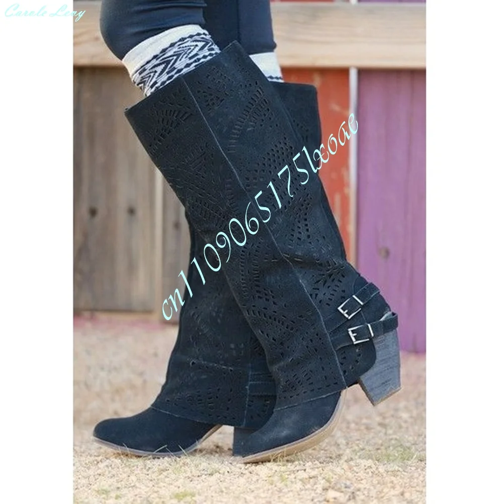 Bohemian Cutout Western Boots Black Faux Suede Mid-Calf Boots with Double Buckle Block Heel for Festival Vacation Elegant Retro