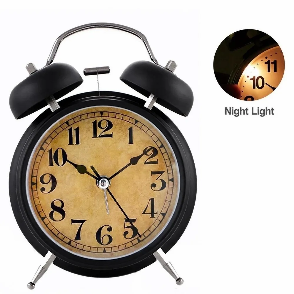 4 Inch Retro Alarm Clock Black&Gold Silent Movement Desktop Clock Easy Operate with Night Light Ringing Alarm Clock Bedroom Use