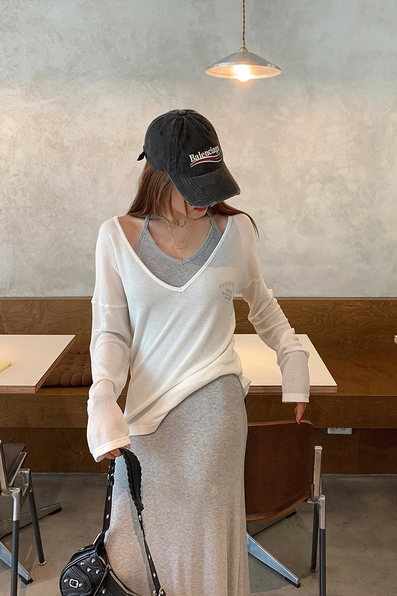 

Yang Pao Pao Women's White V-Ne Long Sve Lightweight T-irt Summer New Sle Slimming Versatile Easy-To-Wear Commute Sle