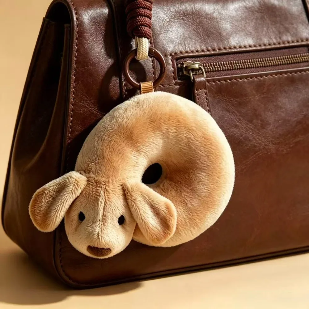 Aesthetic Trending Bagel‑Shaped Dog Plush Keychain, Cute Puppy Bag Charm Pendant, Soft Stuffed Ornament for Gifting