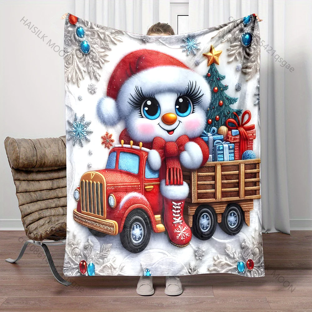 Festive snowman with gifts truck pattern Blanket Flannel Material Soft Warm for All Seasons,For Home Outdoor Camping Picnics RV