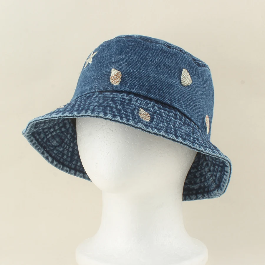 2026 Baby Cute Shell Starfish Crab Embroidery Denim Bucket Hat For Kids Summer Sun Hat Girls Boys Cowboy Fishman Cap Children