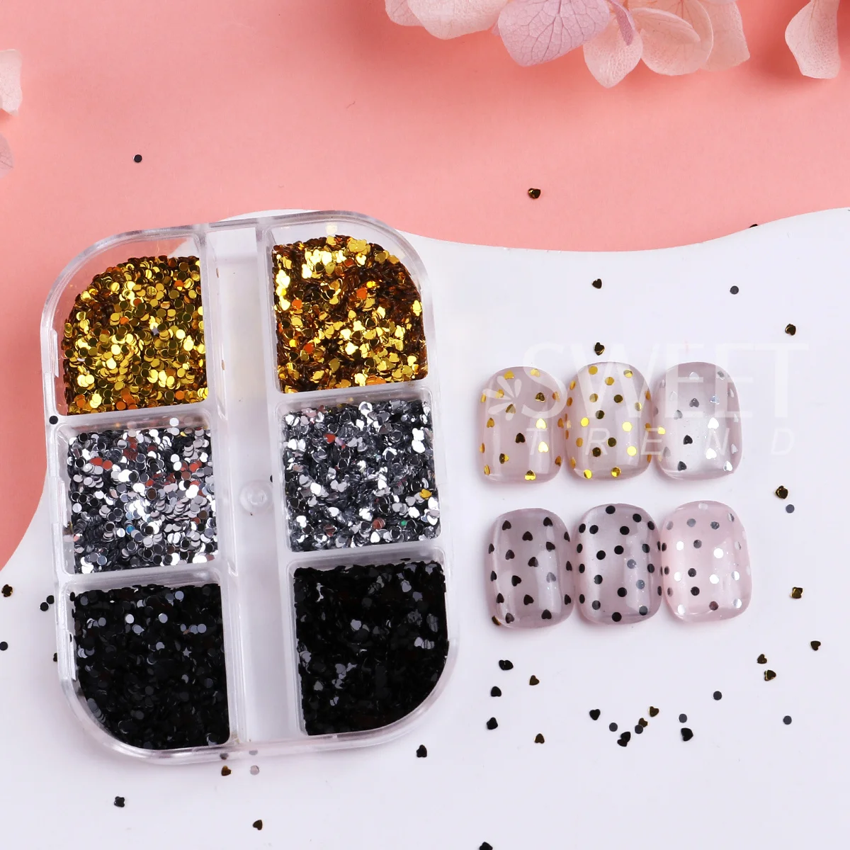 6 Grids Kawaii Mini Heart Circular Nail Art Sequins Small Love Polka Dot Gold Sparkly Glitter Flakes Simple Manicure Paillettes