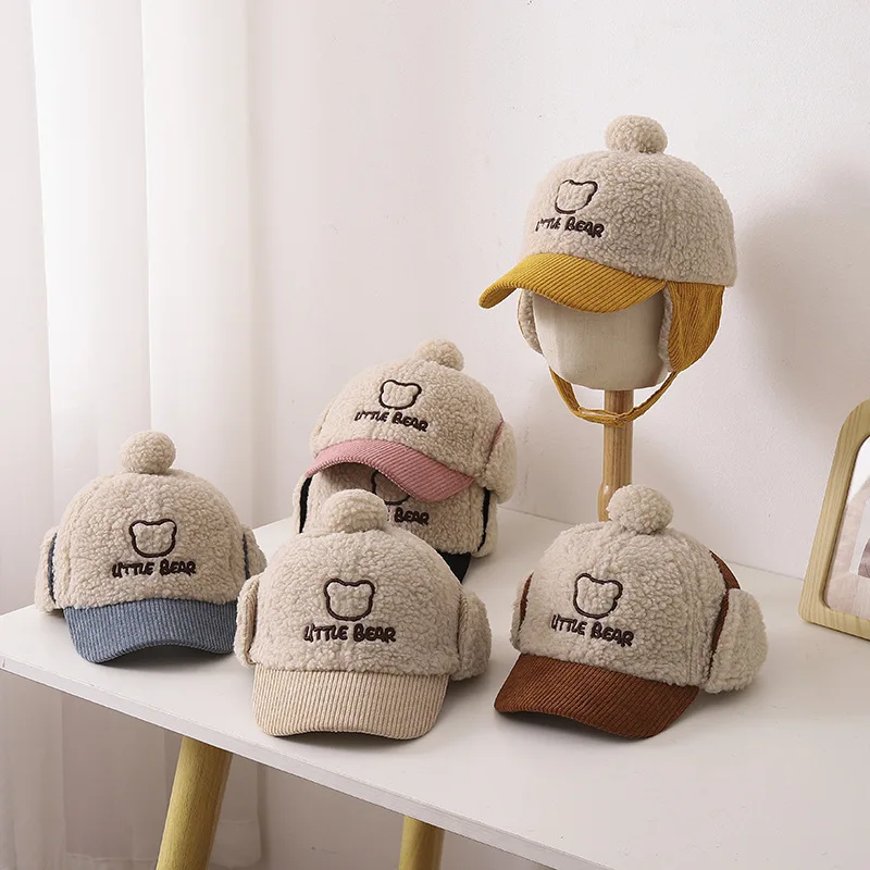 Corduroy Children Fall Winter Hats with Ear Flaps Plush Baseball Cap for Kids Cute Pompom Boy Girl Winter Cap 3-8 Years