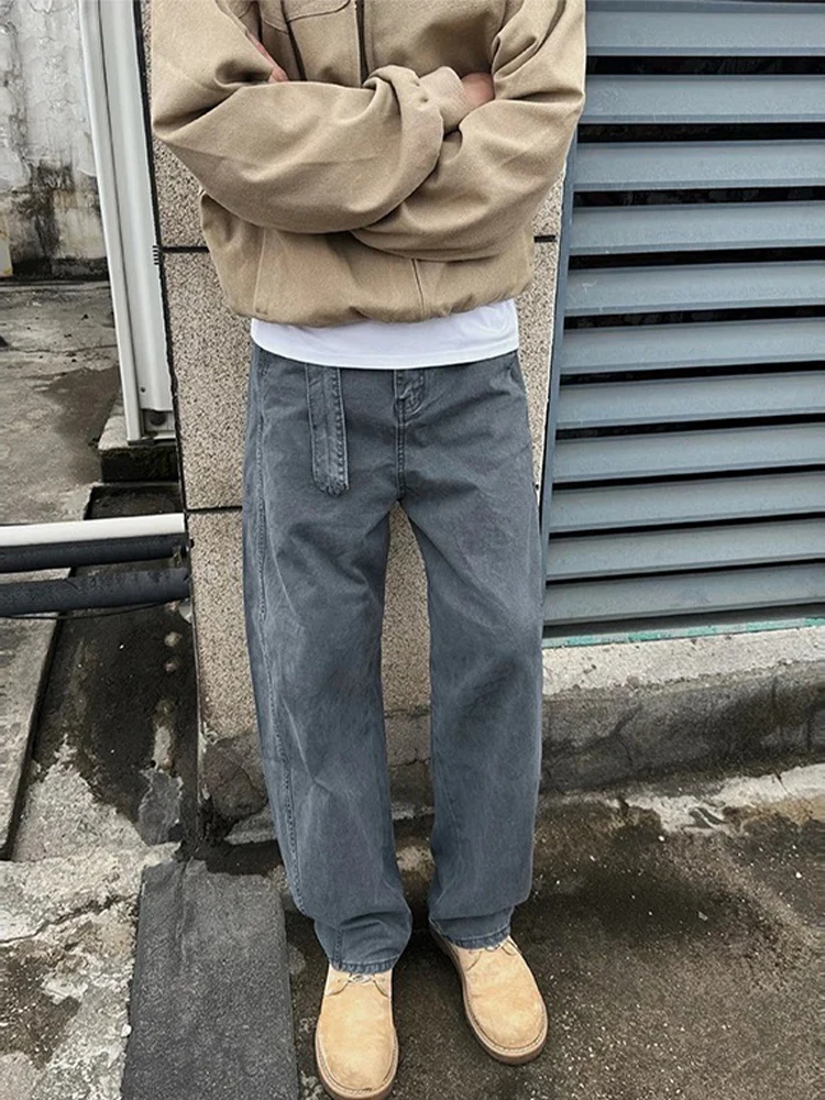 

American Retro Belted Knife Jeans Men's CleanFit High Street Summer Workwear Long Trousers Straight Leg Casual Pants