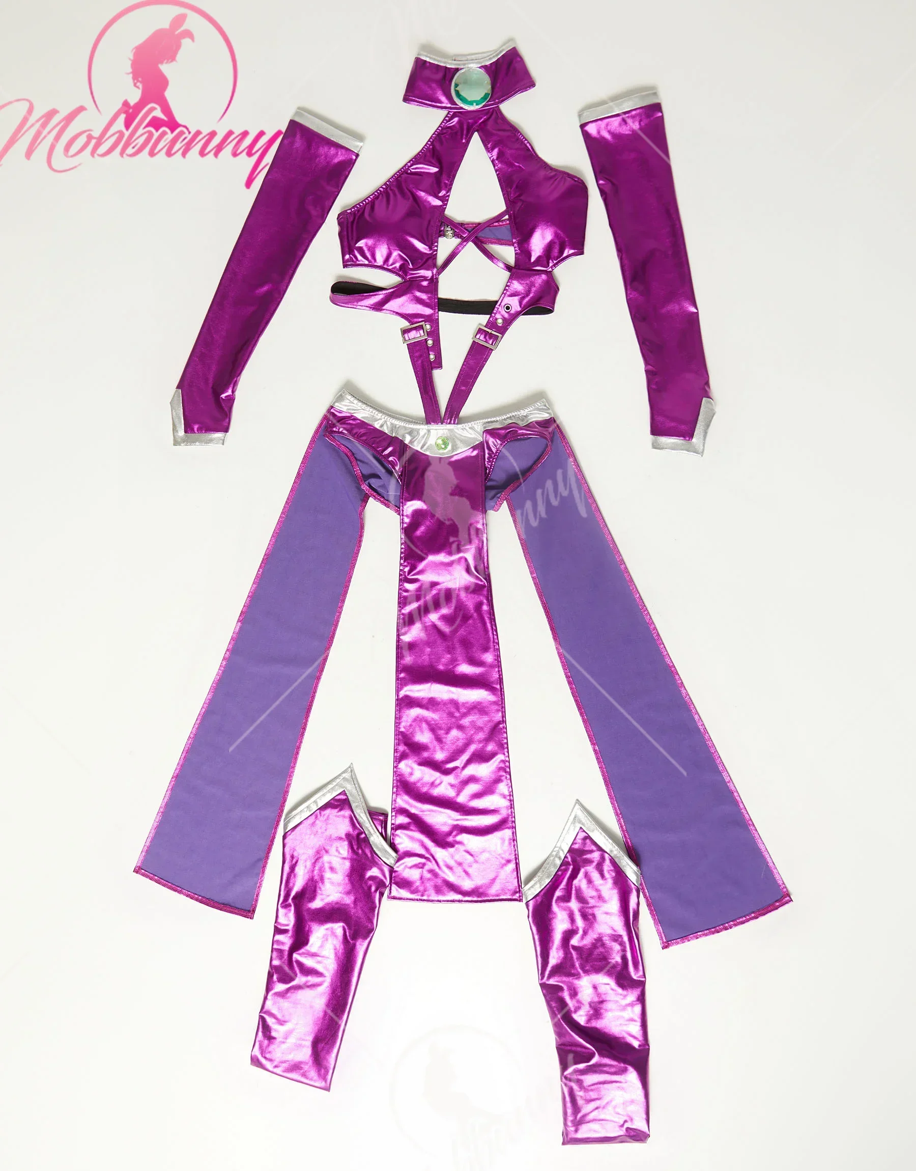 Mobbunny Women Sexy Lingerie Outfit Purple Halter Cutout Bodysuit with Sleeves Stockings Cosplay Costume for Halloween Parties