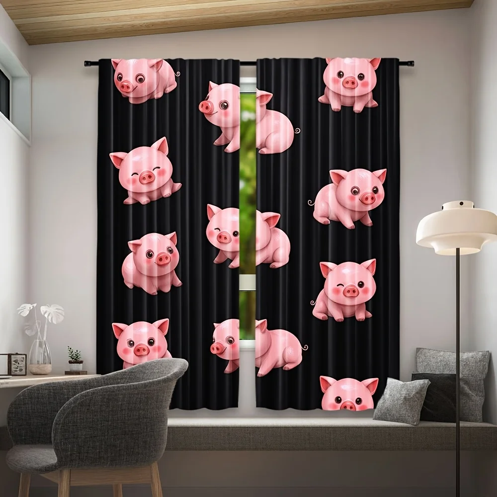 Cute Pink Piggy Cartoon Curtain Panels for Nursery Kids Room Decor Window Treatment