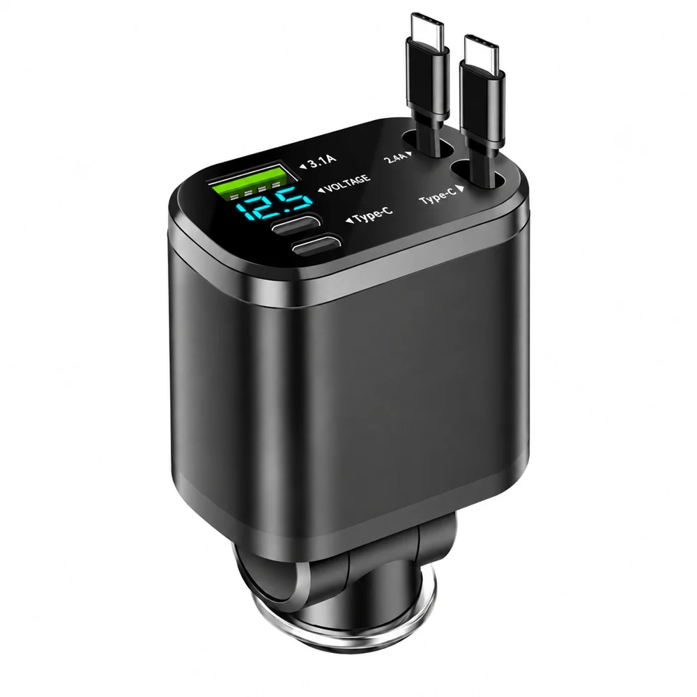 5가지 기능을 갖춘 차량용 충전기: 자동 감김식 케이블, 고속 충전, USB 포트, 시가잭 연결 가능