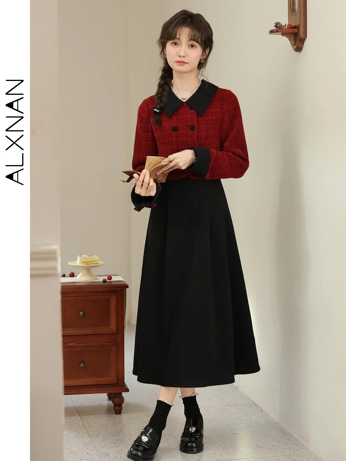 ALXNAN Fake Two Piece Dresses for Women Elegant Tweed A-line Patchwork Lapel Collar Long Sleeve Dress 2024 Fall Winter LXN329109