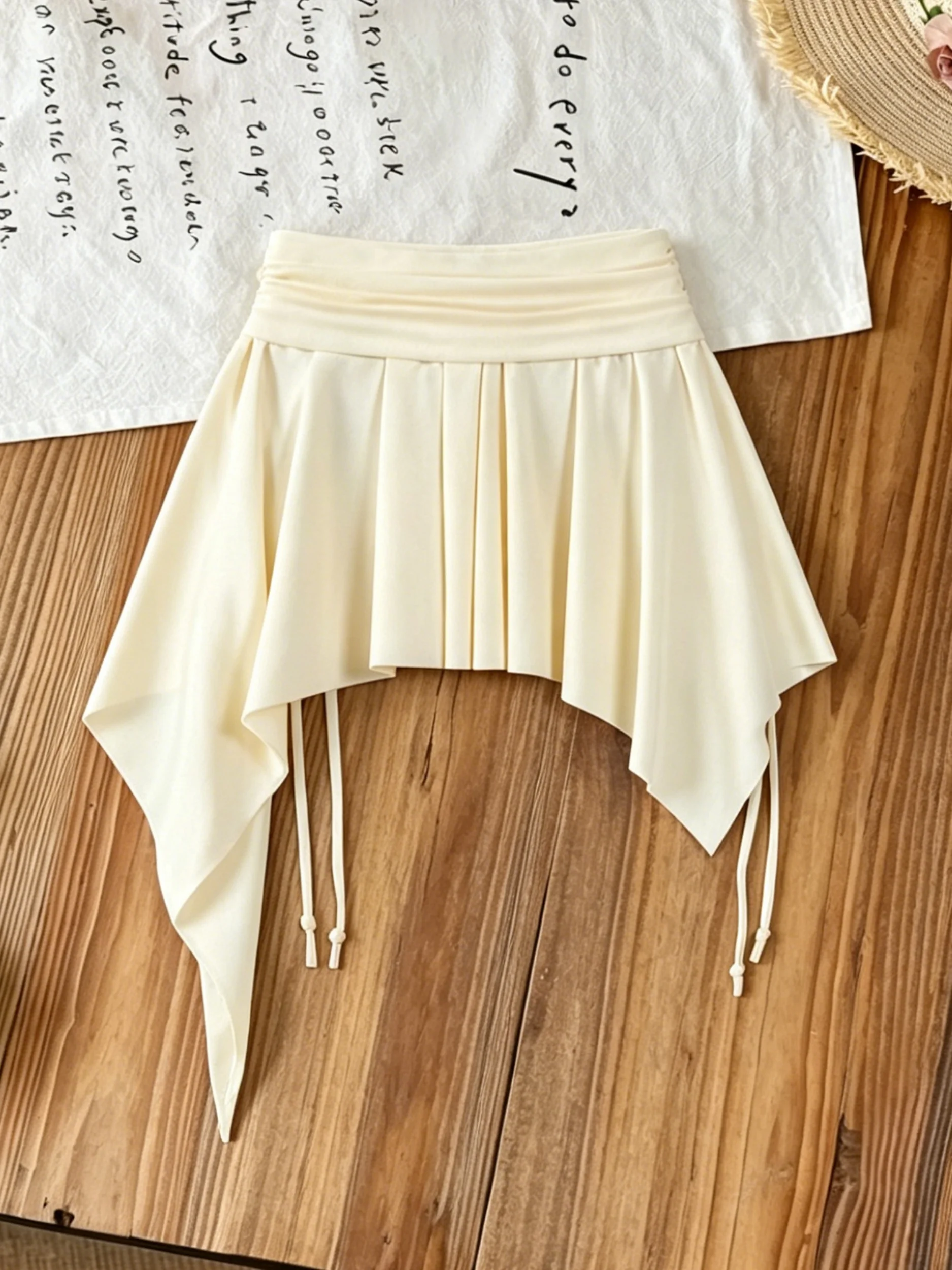 Women Beige Asymmetrical Hem Mini Skirt Casual High Waist Ruched Drawstring Flowy Skirt