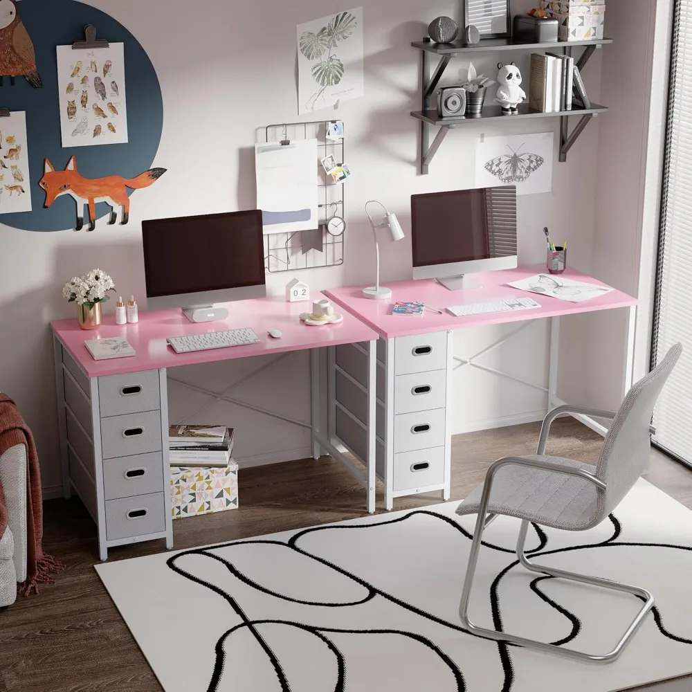 40 Inch Modern Computer Desk with 4 Drawers - Small Home Office Desk for Bedroom Study Writing in Pink