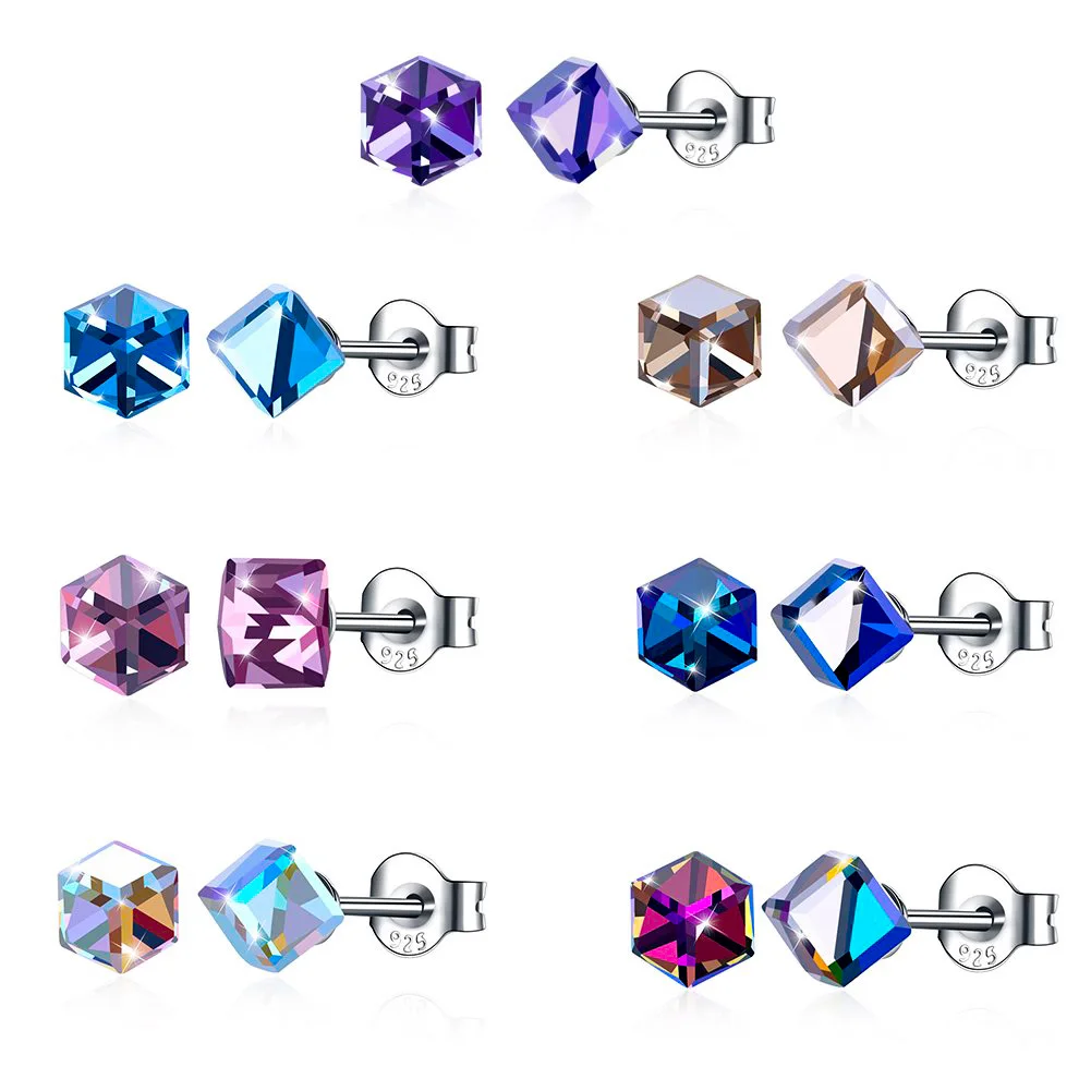 Real 925 Sterling Silver Cube Stud Earrings Original Crystals from Austria Fancy Stone Jewelry for Women Party Wedding