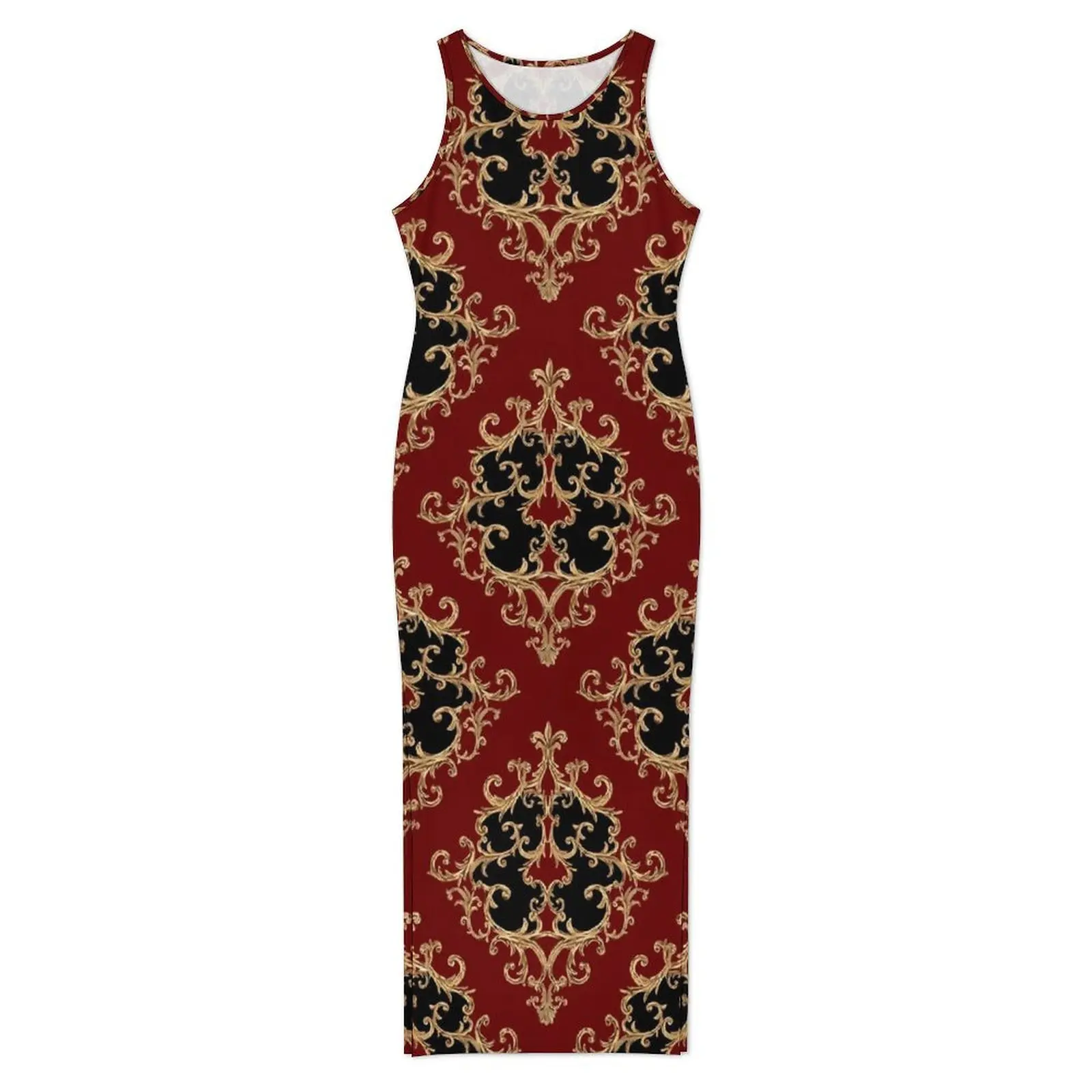Abito con stampa barocca senza maniche oro nero damascato club party maxi abiti estivi moda coreana abito aderente personalizzato di grandi dimensioni