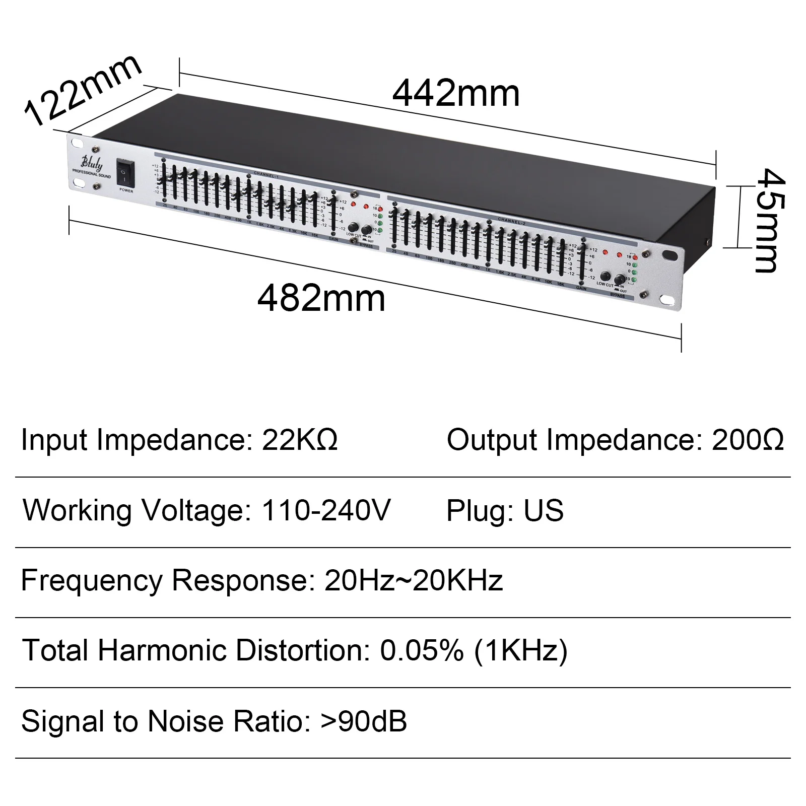 Btuty EQ-215 Dual Channel 15-Band Equalizer 1U Rack Mount 2-channel Stereo Graphic Equalizer 110-240V