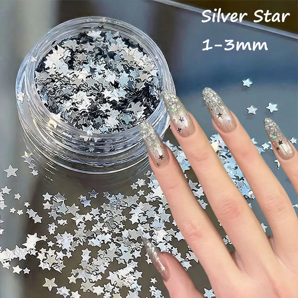 1pc Sparkly Silver Star Nail Glitter Sequins 1-3mm Holographic Star Pentagram Nail Flakes Decoration DIY Manicure Crafts Glitter