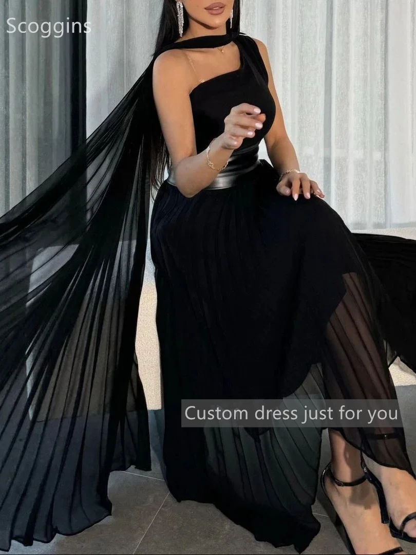 Scoggins فساتين سهرة Personalizar Preto Moda Arábia Saudita Vestido Ocasião Formal A Linha de Um Ombro Chiffon Prom Dress