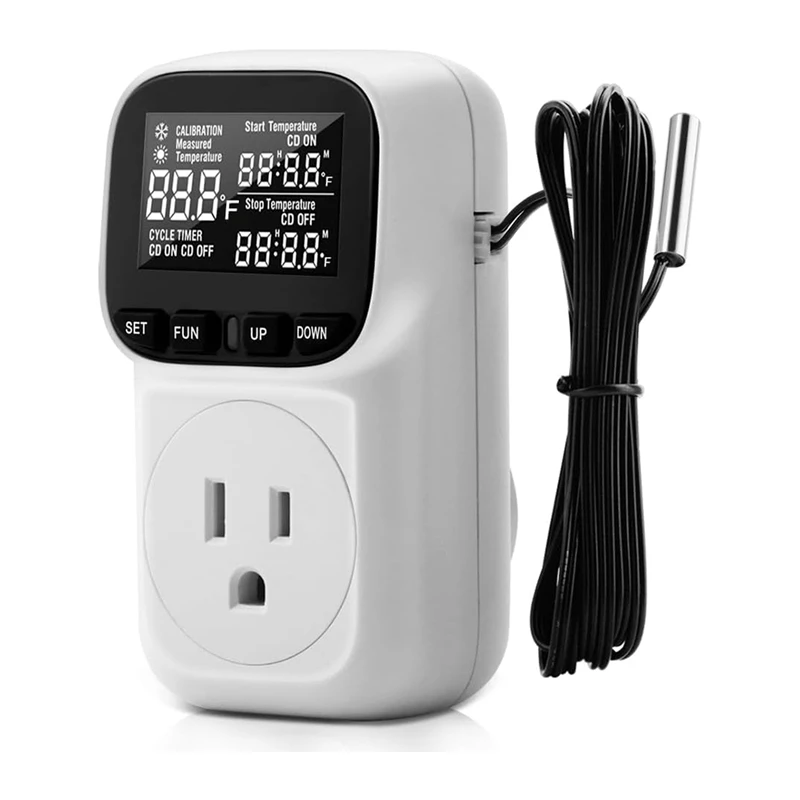 Digital Plug In Thermostat Outlet120v Heating Cooling Control 110V 15A Celsius Fahrenheit Display,For Greenhouse US Plug