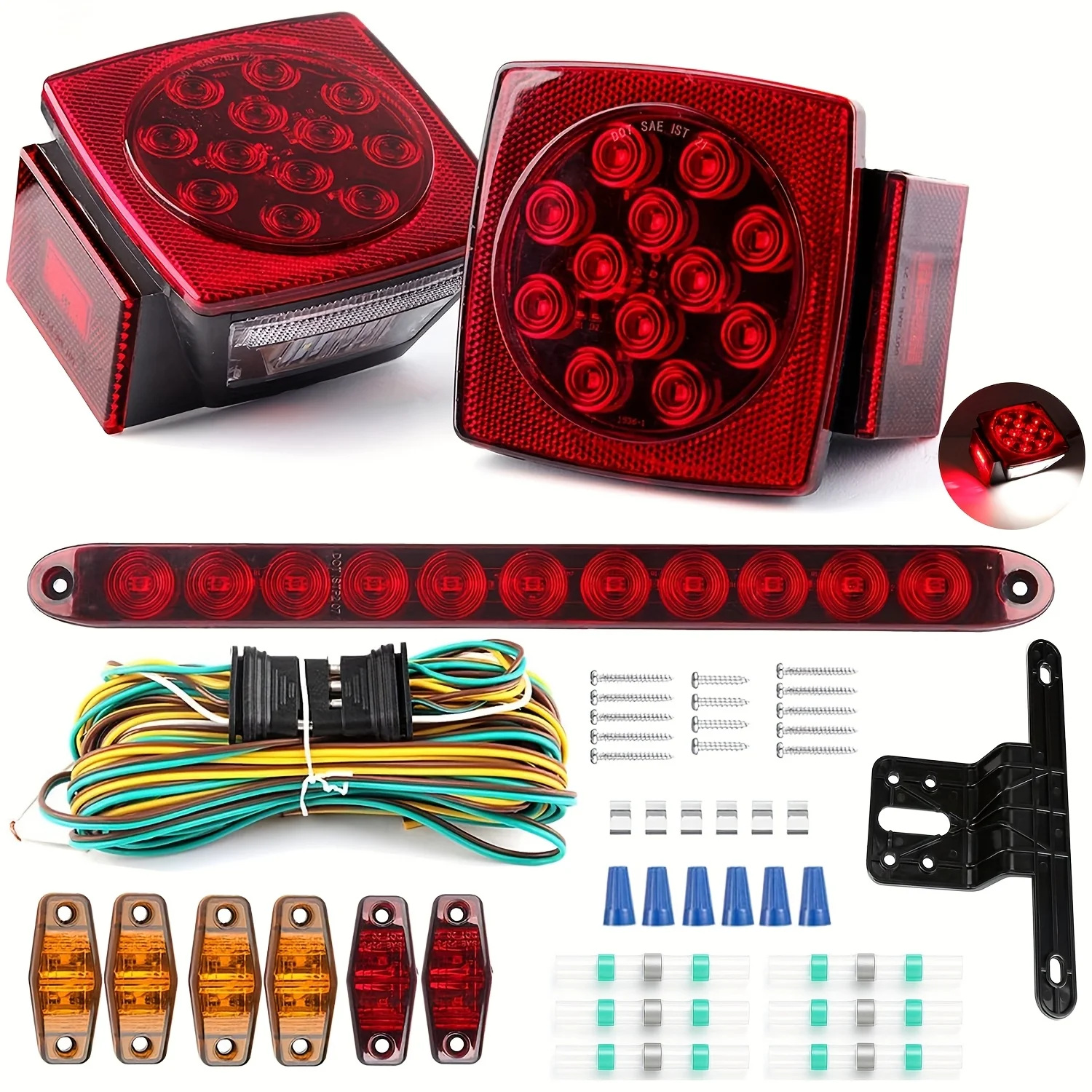 

Trailer Light Kit, 12V 2* LED Trailer Lights, 6* Trailer Marker Lights, 1* 15" 3rd Bar, 1* Trailer Wiring, 10* Connectors, Trail