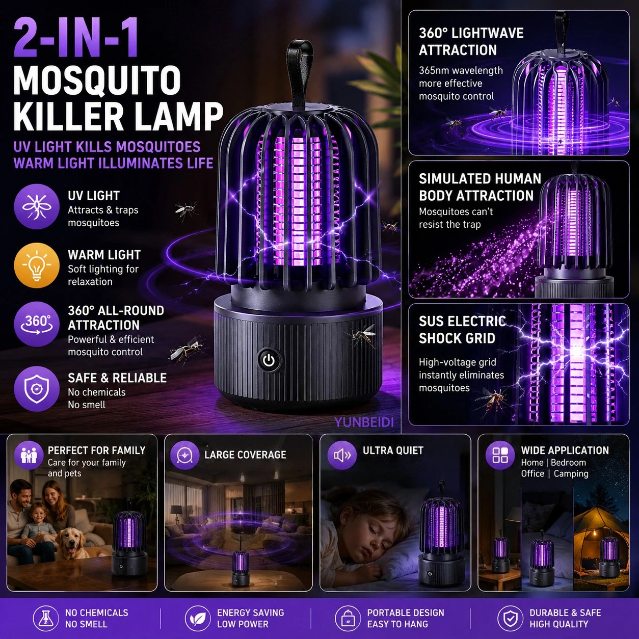 Mosquito Killer Lamp 2 in 1 UV Light Mosquito Trap USB Rechargeable Quiet Night Light for Home Bedroom Camping Indoor Outdoor view 6