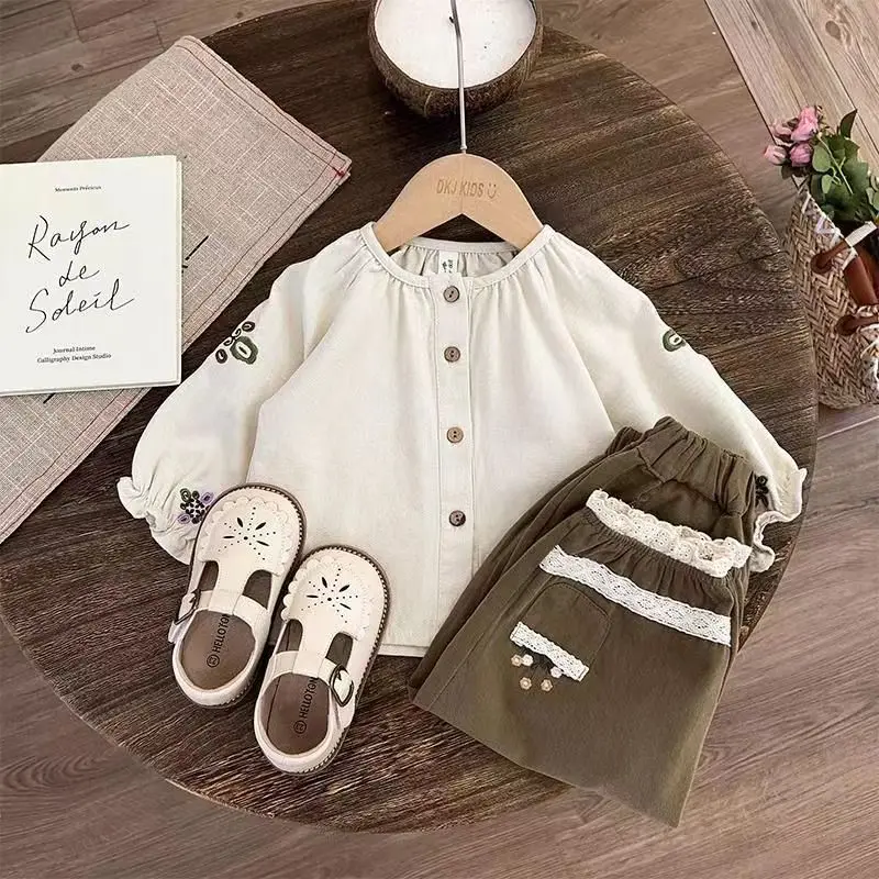 

Korean Girls Spring And Autumn Suit 2023 New Children's Embroidered Shirts Girls Casual Pants Two Piece Set Kids Outfits