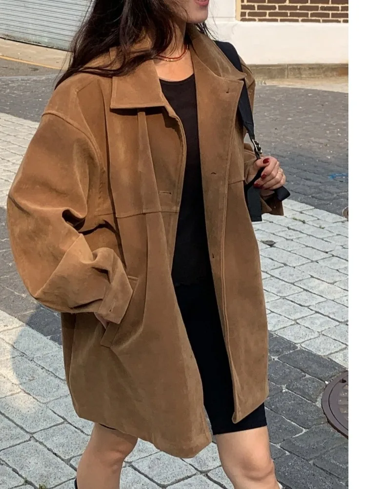 

Faionable Suede Coat Women's Loose Long Sve Turn-down Collar Sli Autumn Winter Outerwear Korean Sle Medium Length