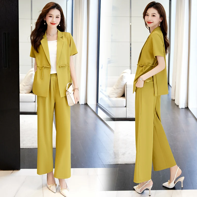 

New Design 2 Pieces Blazer Women's Summer Fashion Simple Short Sleeve Work Suits Ladies Loose Blazer Coat + Wide Legs Trousers