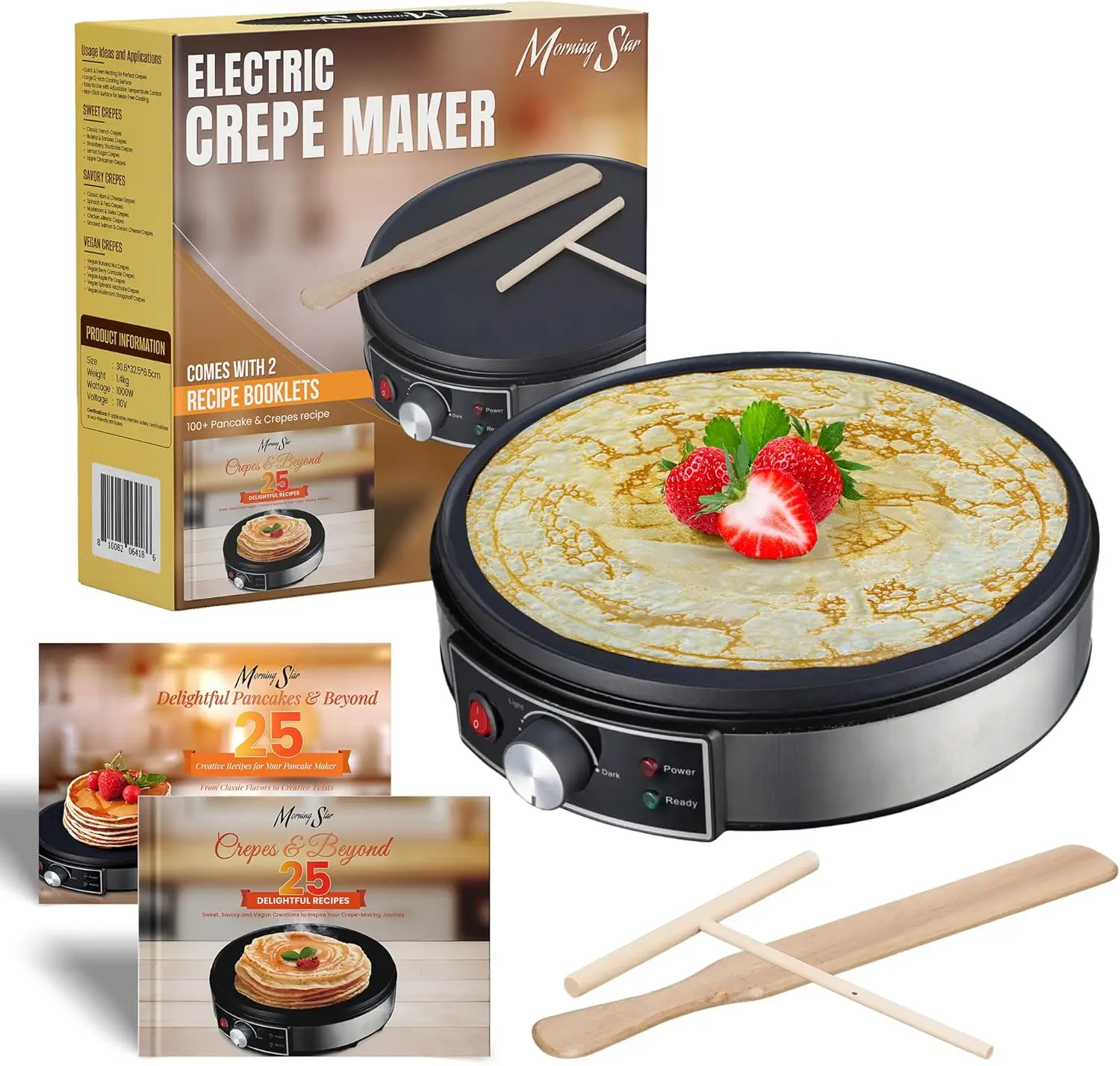 

Electric Crepe Maker, Nonstick Multi-Function Tortilla Machine, Ideal for Crepes, Pancakes & Roti, Wooden Spatula & Batter Sprea