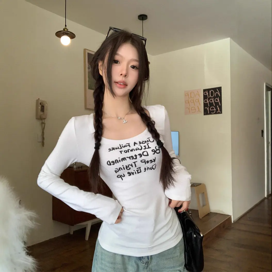Grey Long Sleeve Letter Print T-Shirt Women's Autumn Versatile Slim Fit Base Shirt American Retro Hot Girl Top Inner Wear