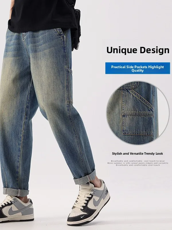 

Loose Fit Men's Jeans Straight Leg Thin Cotton Denim Casual Long Trousers American Sle Spring Autumn Faion Workwear