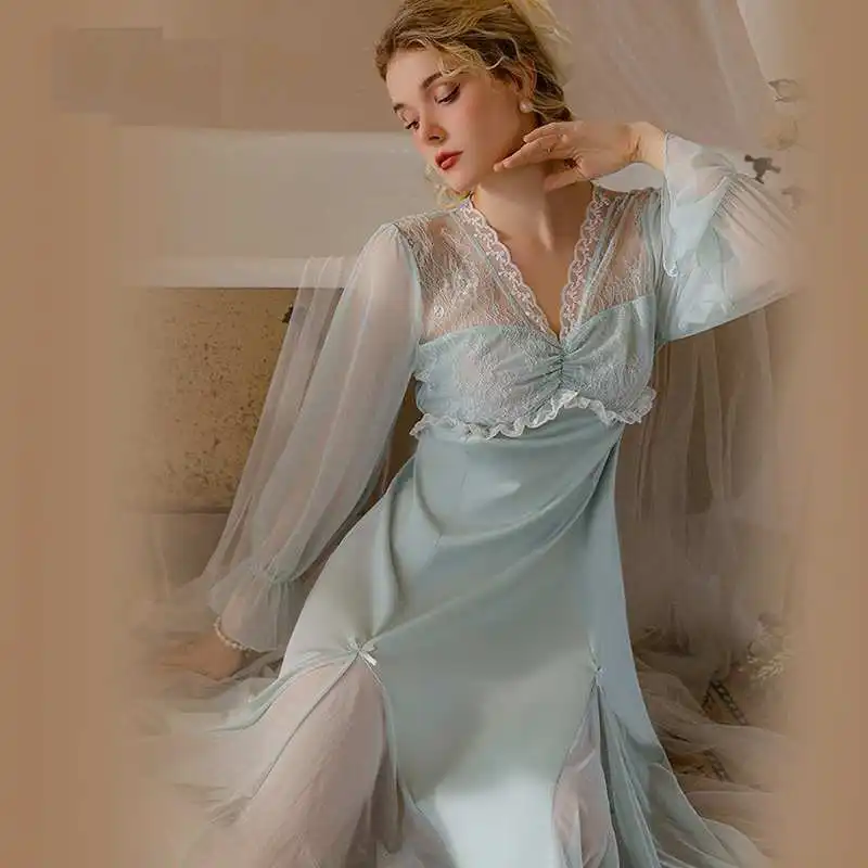 Wholesale Women's Sexy Long Sleeve Nightdress Long  Mesh Sleepdress Romantic Sexy Back Transparent Nightgown Hot Home Dress