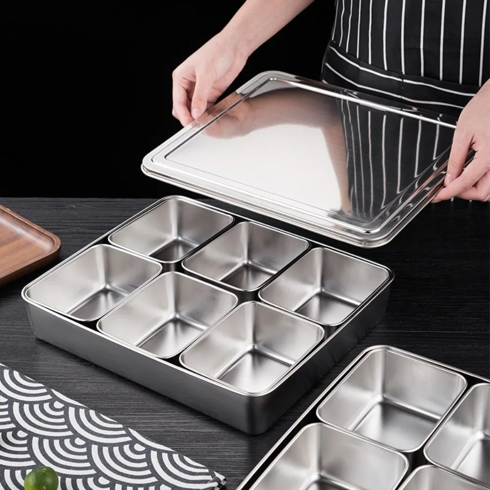 2/34/6/8 Compartment Stainless Steel Seasoning Box Rectangle Shape Multi-Compartment Condiment Container with Lid