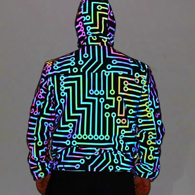 Men geometric circuit lines colorful reflective jackets hip hop windbreaker men's reflect light casual coats jaqueta masculina