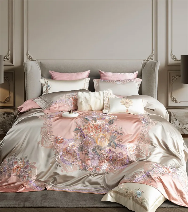 Fashion Pink Peony Flowers 1000TC Cotton Satin Bedding Set Chic Patchwork Duvet cover Bed Sheet Pillowcases Bedspread 4/6/10Pcs