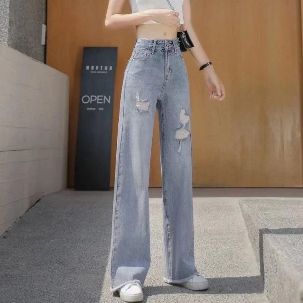 High Waist Shot Women's Jeans with Holes Pockets Trousers Straight Leg Pants for Woman Torn Light Blue Ripped R Luxury Designer