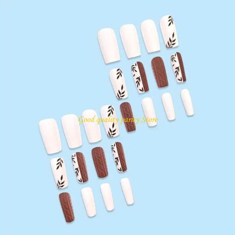 

M4YA 24 Pcs Simple Leaves Artificial Coffin Full Cover False Stylish on Press On