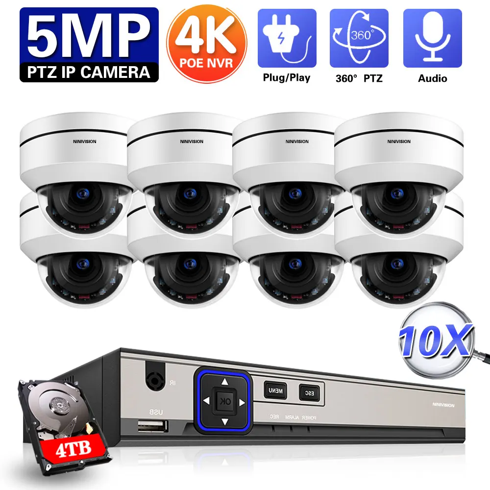 Devoccvo Compatible Kit Mini PTZ Camera 4K 5MP 10X Zoom Built in Mic 8CH NVR POE Security CCTV System P2P