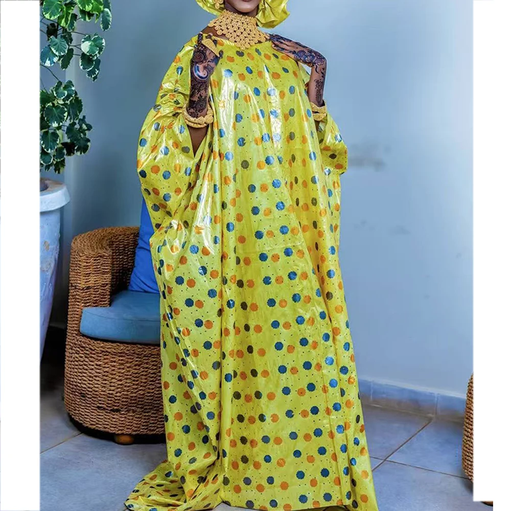 

Yellow African Nigeria Women Traditional Wedding Boubou With Sacrf Brocade Printed Ankara Dashiki Robe Brocade Shiny Dresses