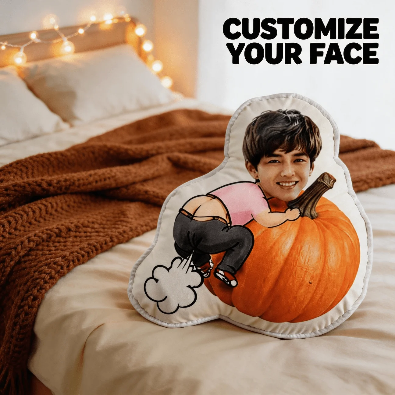 Custom Funny Photo Shaped Pillow, Personalized Face Hugging Pumpkin Decorative Cushion, Novelty Home Decor Accent for Sofa & Bed