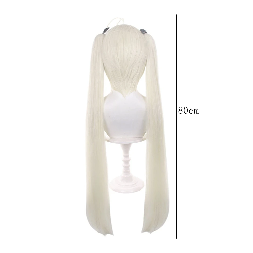 Bone White Medium-Length Wig Dual High-Set Strands with Removable Black Ribbon Ties Soft Frontal Transition Heat Resistant view 2
