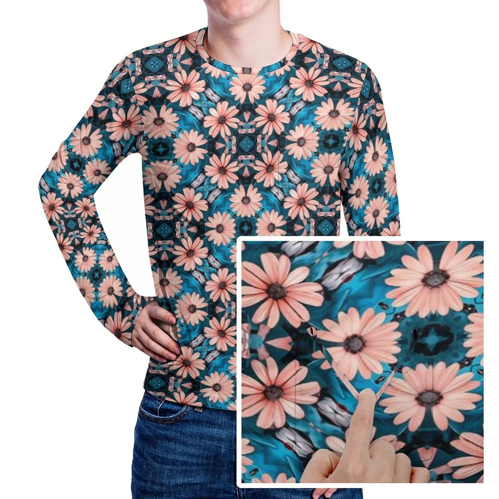 Brown Daisy T-Shirt Men Retro Floral Print Y2K T Shirts Autumn Cool Tees Long Sleeve Graphic Plus Size Tops