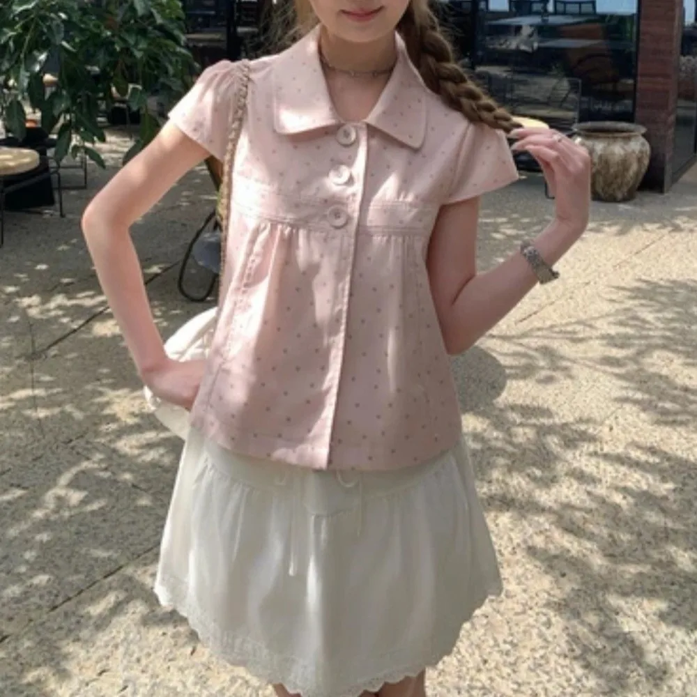 Vintage Slim Fit Bluse mit Polka Dots, Y2K Hemd mit Umlegekragen, Damenoberteile, Harajuku Preppy Style Hemden für Damen – Detail 7