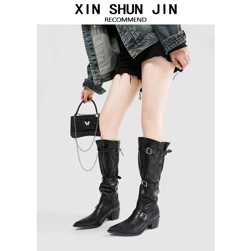 Retro Western Cowboy Booties Chunky Heel Women's Fashionable Long over Knee Boots Pointed Toe Large Tube Design Niche Style