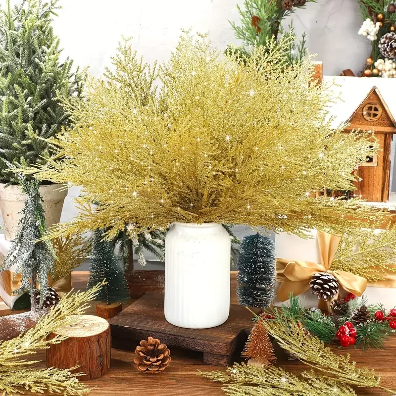6/18PCS Christmas Decorative Flowers 10.6 Inch Glitter False Artificial Pine Branches  DIY Christmas Wreath Home Decoration