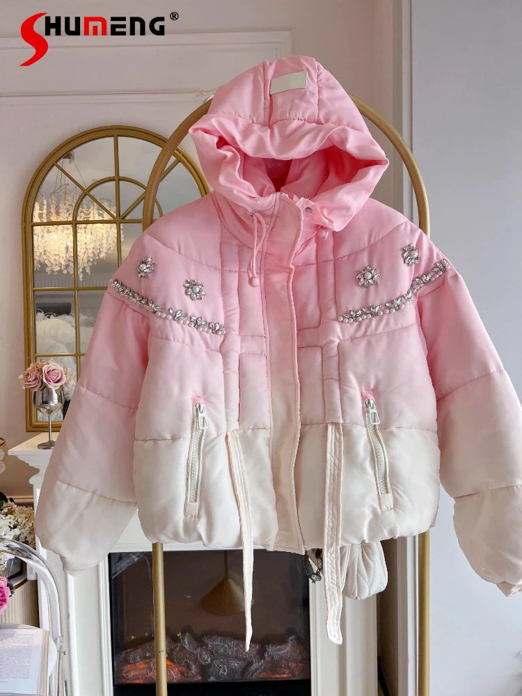 

Women's 2025 Autumn Winter New Rhinestone Gradient Color Parkas Chic Parkas Ladies Long Sleeve Multi Zip Pocket Decoration Coats